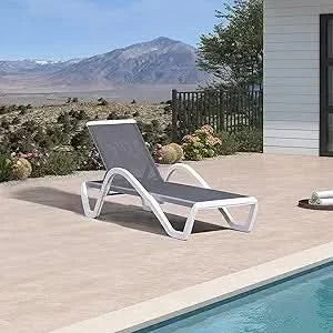 Patio Chaise Lounge Chair Set of 3 Outside Aluminum Plastic Stackable Tanning Chairs with Armrests and Side Table for Pool Sunb