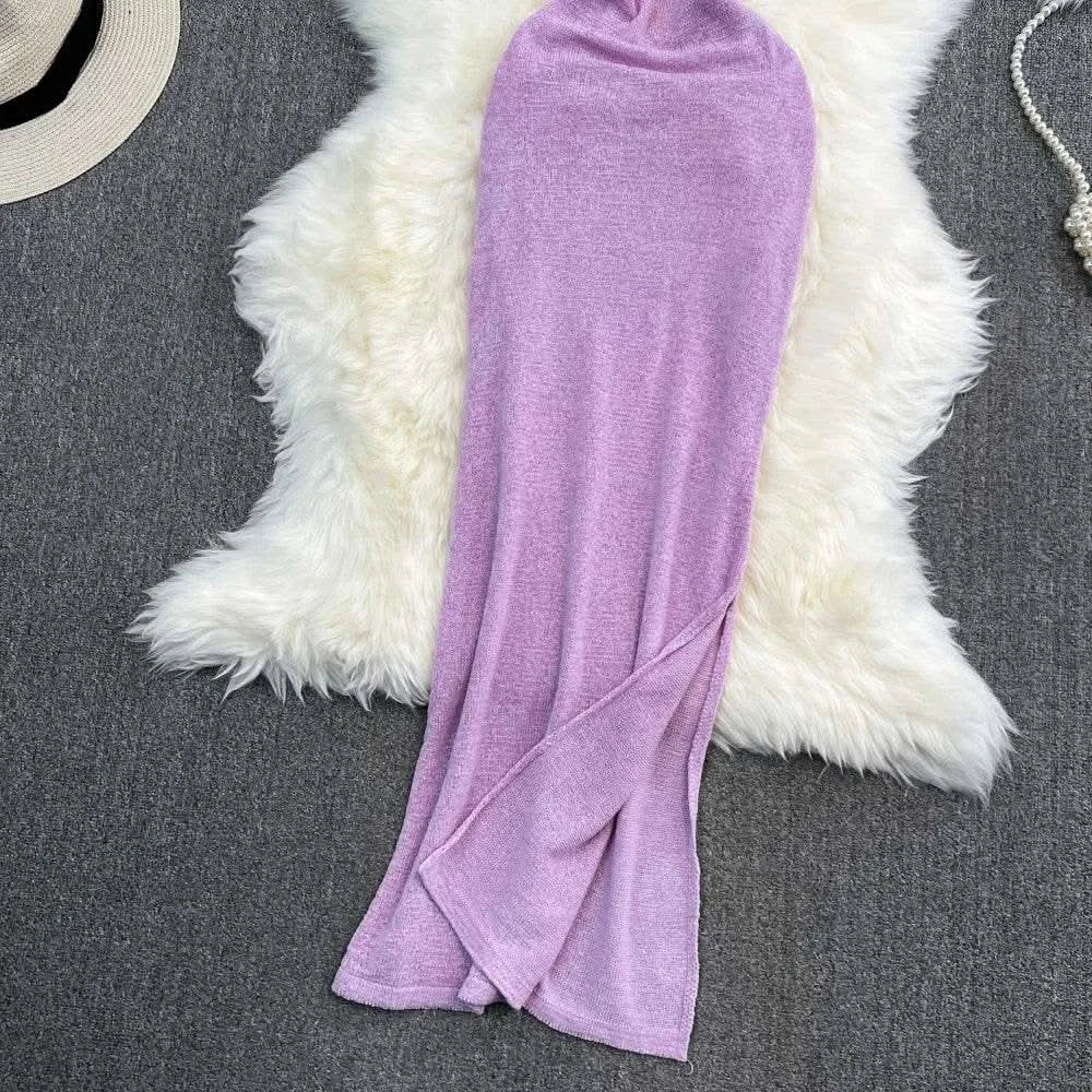 Blue/purple Summer Knit Sexy Strap Dress Women Tank Elatic Waist Bodycon Sundress Female Beach Split Backless Maxi Long Dress - M & M Global