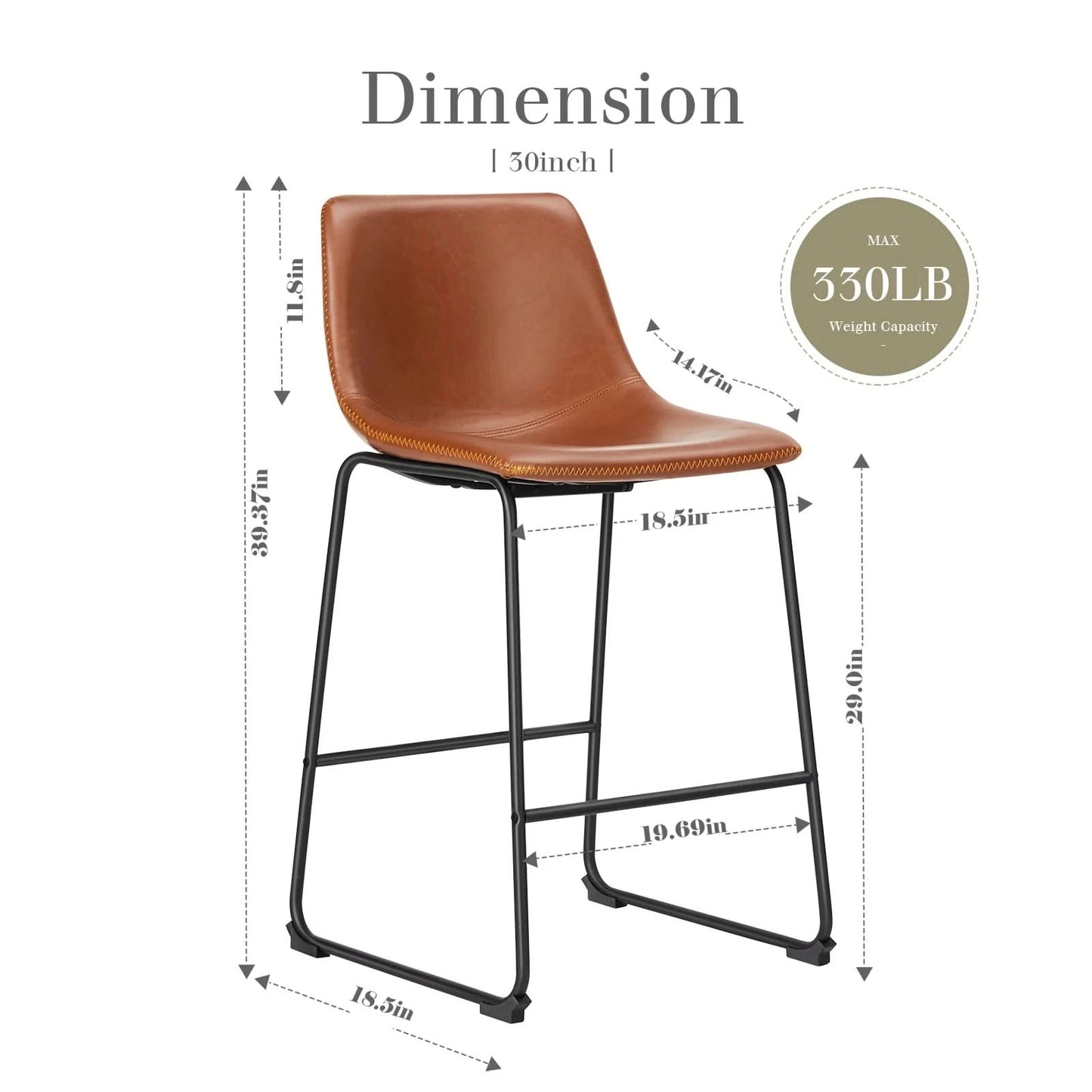 JHK Leather Modern Bar Bench 2-piece Set Armless Metal Leg Brown Bar Bench with Backrest Home Chair Living Room Furniture