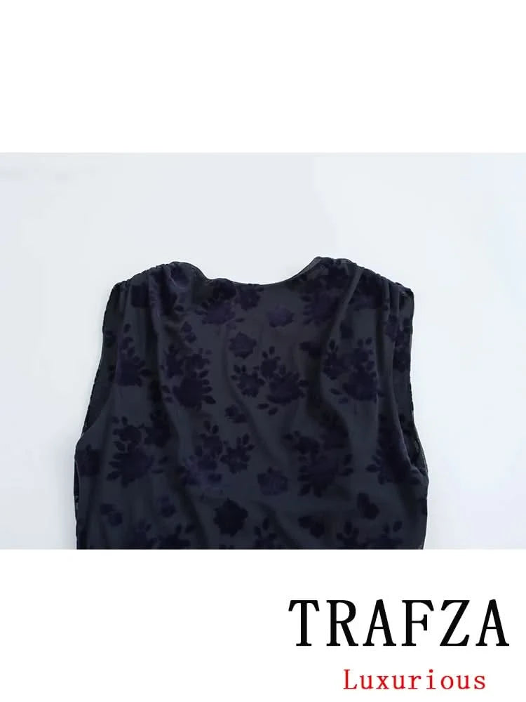 TRAFZA Vintage Casual Chic Women Flocking Suit O-Neck Backless Sleeveless Top Asymmetrical Long Skirt Fashion 2025 Spring Suit - M & M Global