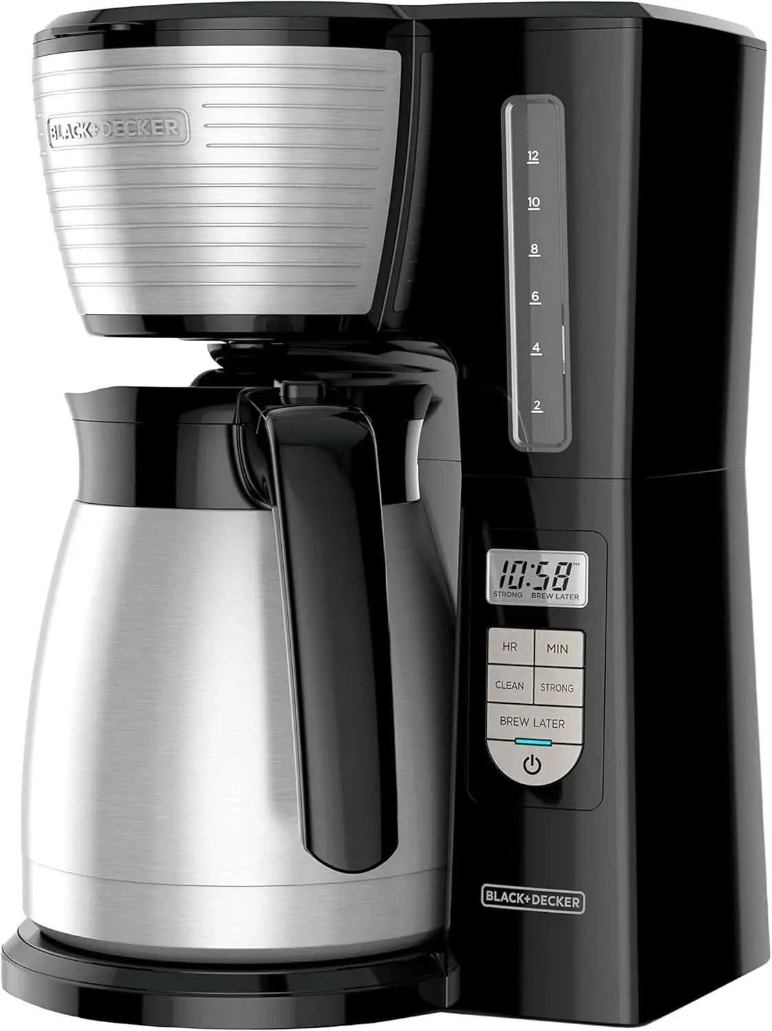 12-Cup Thermal Programmable Coffee maker, Brew Strength Selector, Auto-clean, Black and Silver - M & M Global
