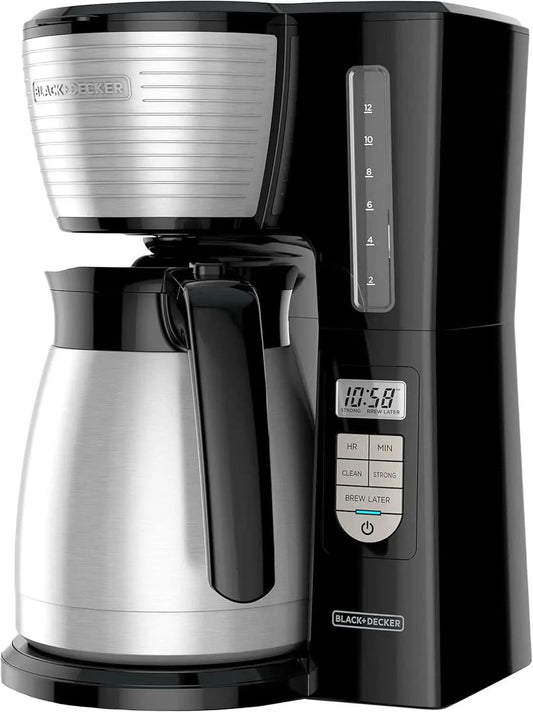 12-Cup Thermal Programmable Coffee maker, Brew Strength Selector, Auto-clean, Black and Silver - M & M Global