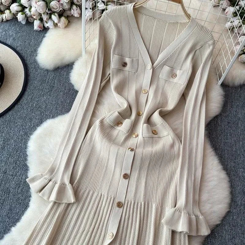 2024 Green Fashion Autumn Winter Knitted Long Dress French Style Letter Buttons Elegant Sweater Dress Lady Office Bodycon - M & M Global