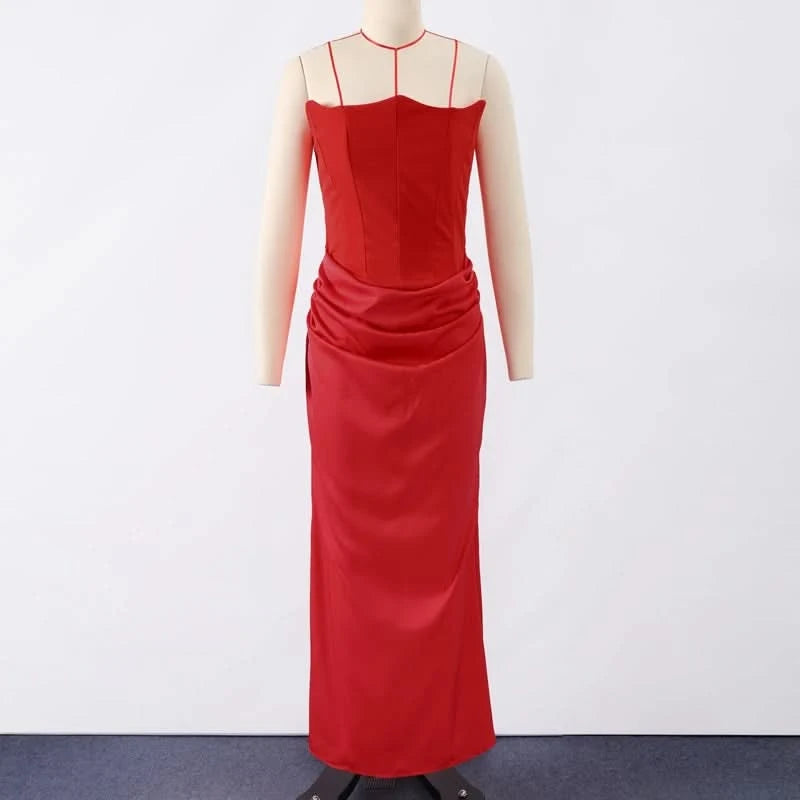 Sexy Strapless Patchwork Long Dress Women Slim Sleeveless Pleated Mermaid Dresses 2025 Spring Summer Lady Evening Solid Robe - M & M Global