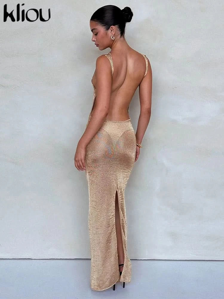kliou Shiny Long Dress Stunning Women Solid Summer Thin Mesh Sheer Backless Sleeveless Bodycon Female Elegant Fashion Vestidos - M & M Global