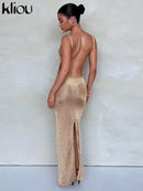 kliou Shiny Long Dress Stunning Women Solid Summer Thin Mesh Sheer Backless Sleeveless Bodycon Female Elegant Fashion Vestidos - M & M Global