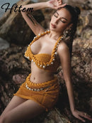 Sexy Beading Halter Bikini Mini Skirt Sets Women Backless Twist Crop Top High Waist Hip Package Skirts 2025 Spring Lady Outfit - M & M Global