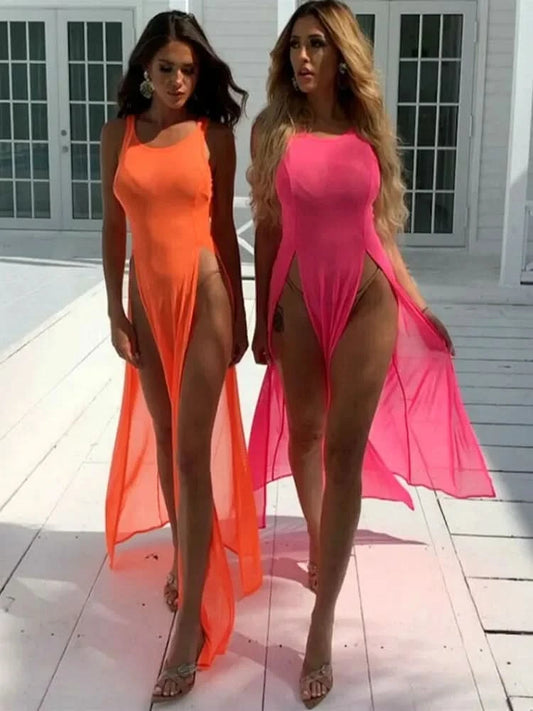 Women Bikini Cover Ups Mesh Sheer See Through Sexy Beach Dress Sleeveless High Slit Long Dress Swimsuit Sarong - M & M Global