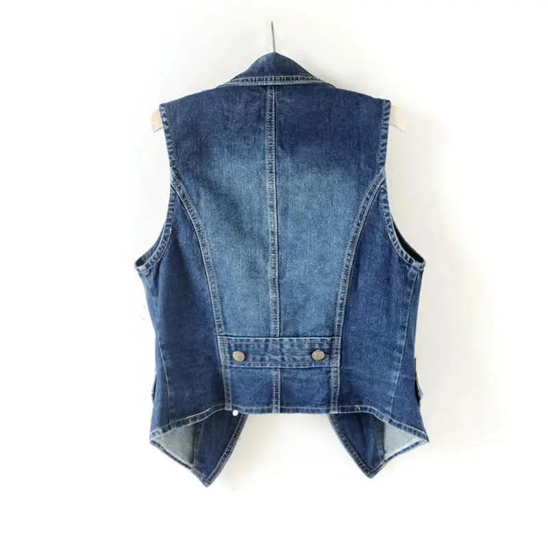 PTKPCC Casual Female Tops Women Denim Vest Jacket Spring Autumn Clothes Sleeveless Short Jeans Waistcoats Single-Breasted 5XL - M & M Global