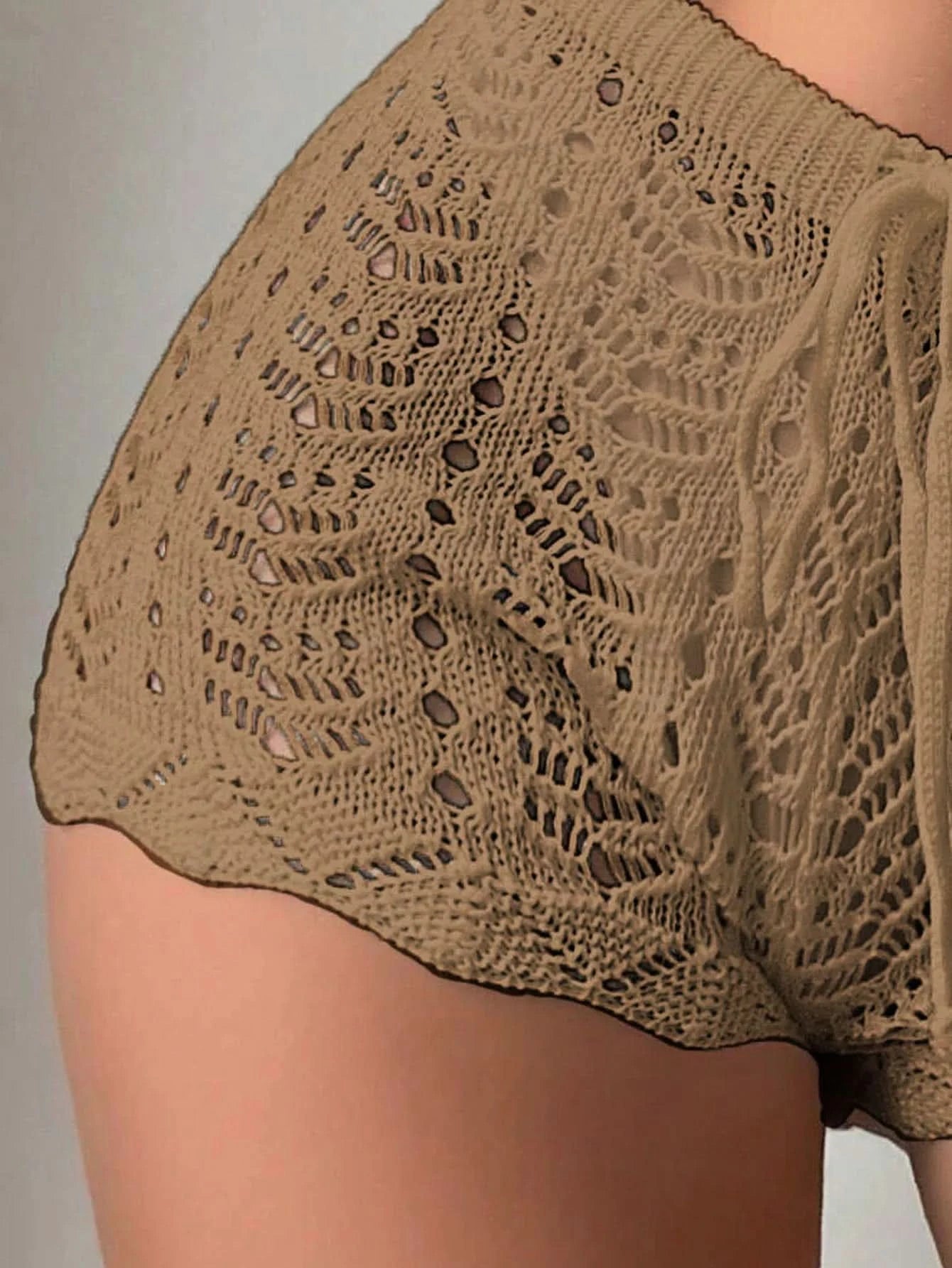 Polyester100.00% Hollow Drawstring Open Waist Knitted Bikini Blocked Women's Shorts - M & M Global