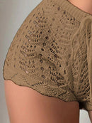 Polyester100.00% Hollow Drawstring Open Waist Knitted Bikini Blocked Women's Shorts - M & M Global