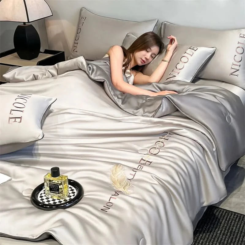 Simple Solid Color Embroidery Washed Ice Silk Single Summer Quilt - M & M Global