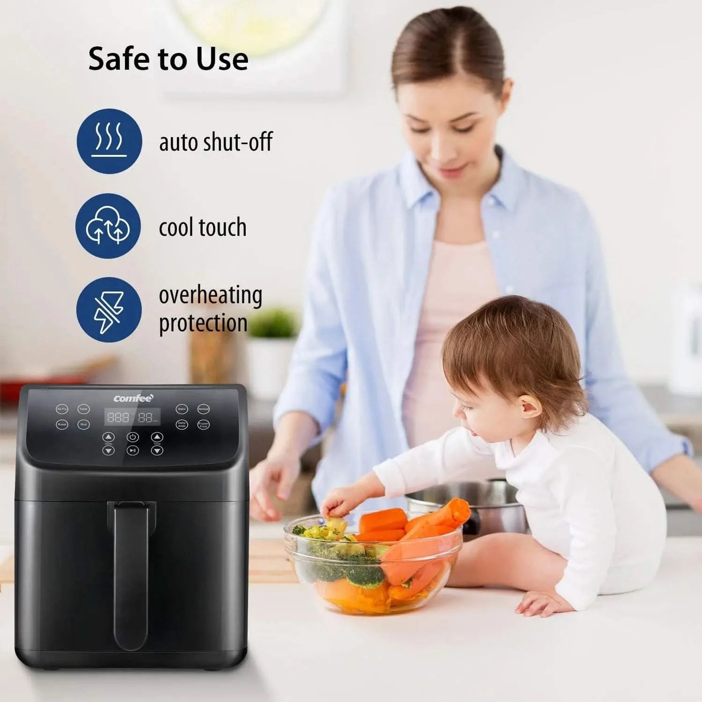 5.8Qt Digital Air Fryer, Toaster Oven & Oilless Cooker, 1700W with 8 Preset Functions, LED Touchscreen, Shake Reminder, Non-stic - M & M Global
