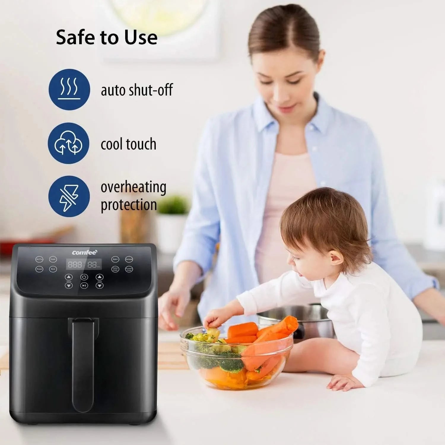 5.8Qt Digital Air Fryer, Toaster Oven & Oilless Cooker, 1700W with 8 Preset Functions, LED Touchscreen, Shake Reminder, Non-stic - M & M Global