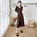 Lucyever Elegant Knitted Long Dress for Women Korean Chic Buttons Slim Fit Midi Dresses Female Streetwear V Neck Party Vestidos - M & M Global