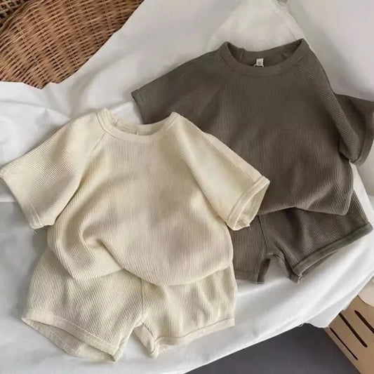 Summer,Children Korean Style Clothing Set for Boys and Girls, Short-sleeved Shorts, Casual Sportswear, Solid Color, 2 Pieces - M & M Global
