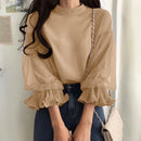 ZANZEA Women Elegant Party Blouse Vintage Mesh Ruffle 3/4 Sleeve Tops 2024 Autumn Stand Collar Shirts Korean Version Loose Tunic