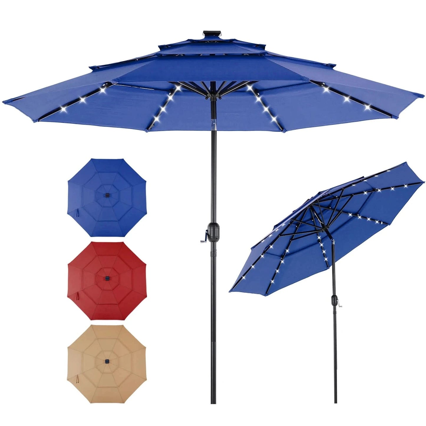 JHK 10FT 3-Tier Patio Outdoor Umbrella with Solar 32 LED Lights Tilting Table Umbrella with 8 Sturdy Ribs for Garden Backyard