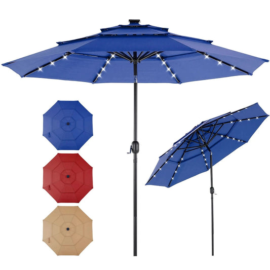 JHK 10FT 3-Tier Patio Outdoor Umbrella with Solar 32 LED Lights Tilting Table Umbrella with 8 Sturdy Ribs for Garden Backyard