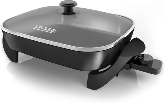 Electric Skillet, Variable Temperature Control, Nonstick Cooking Surface, Dishwasher Safe, Tempered Glass Lid, 12"x15" - M & M Global