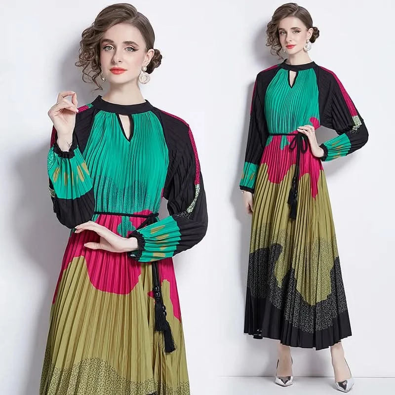 Spring Holiday Print Long Dress For Women Fashion Loose Lantern Sleeve Party Robe Female Big Swing Tassels Belt Pleated Clothes - M & M Global