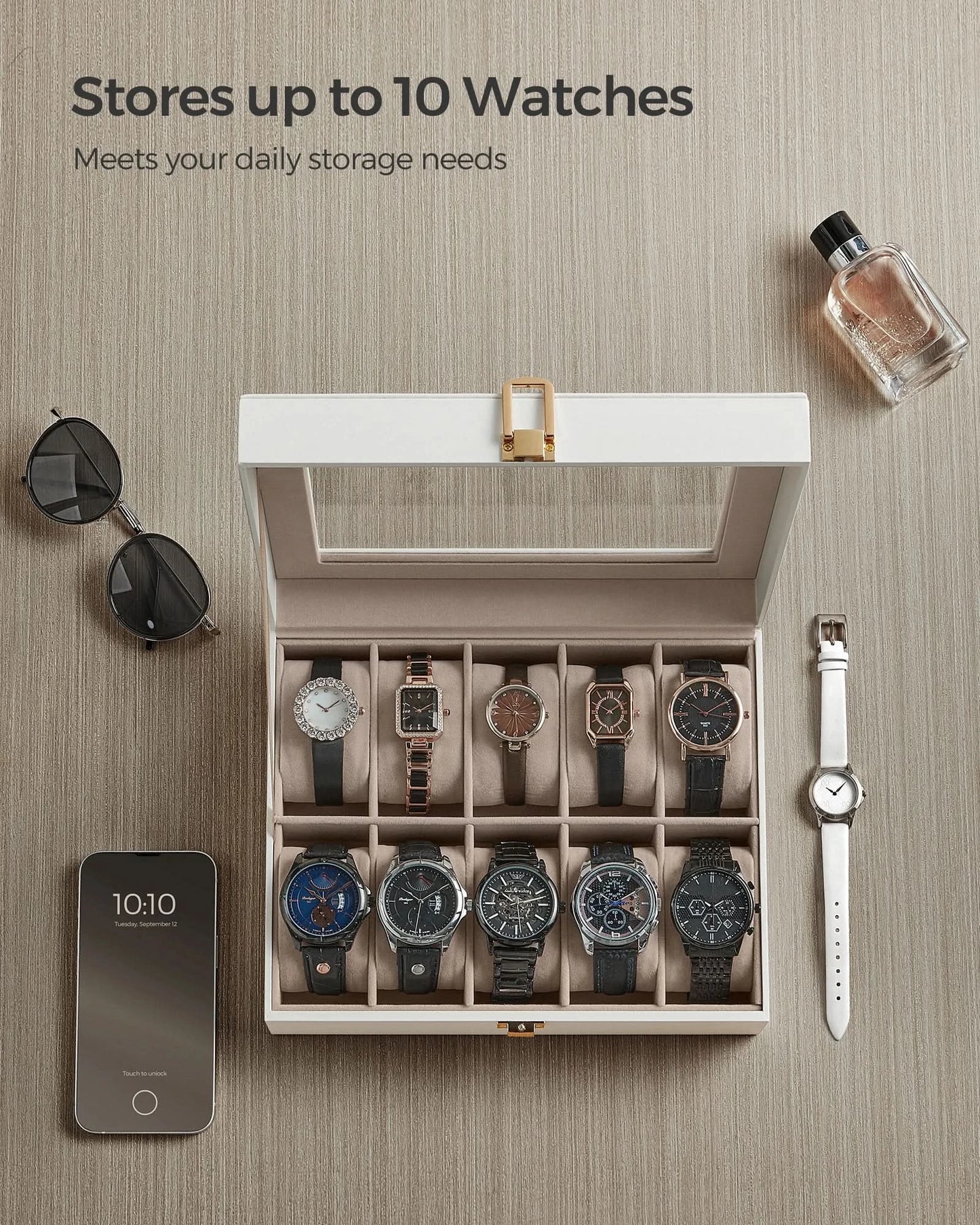 SONGMICS Watch Box, 10-Slot Watch Case with Large Glass Lid, Removable Watch Pillows, Watch Box Organizer, Gift for Loved Ones - M & M Global