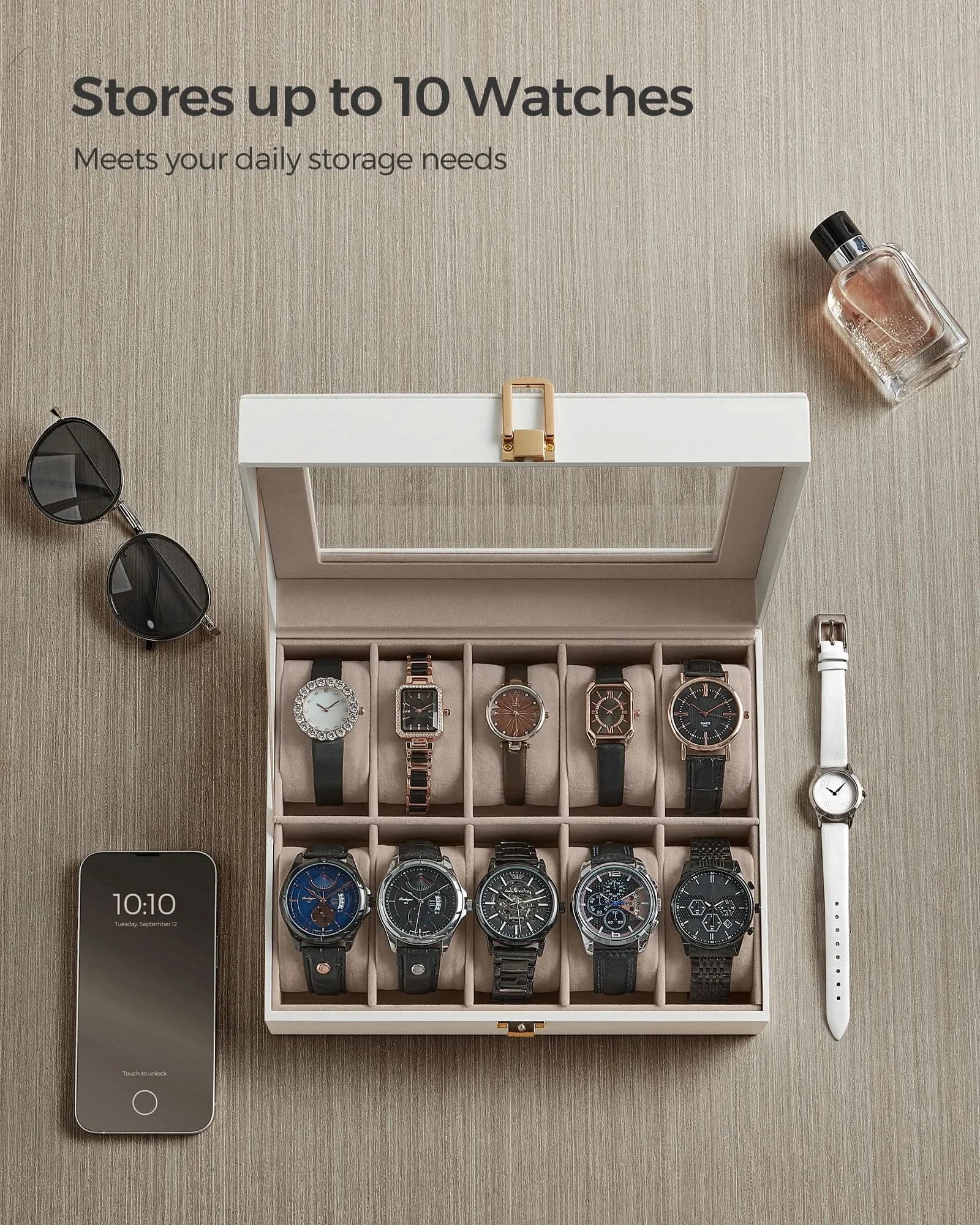 SONGMICS Watch Box, 10-Slot Watch Case with Large Glass Lid, Removable Watch Pillows, Watch Box Organizer, Gift for Loved Ones - M & M Global