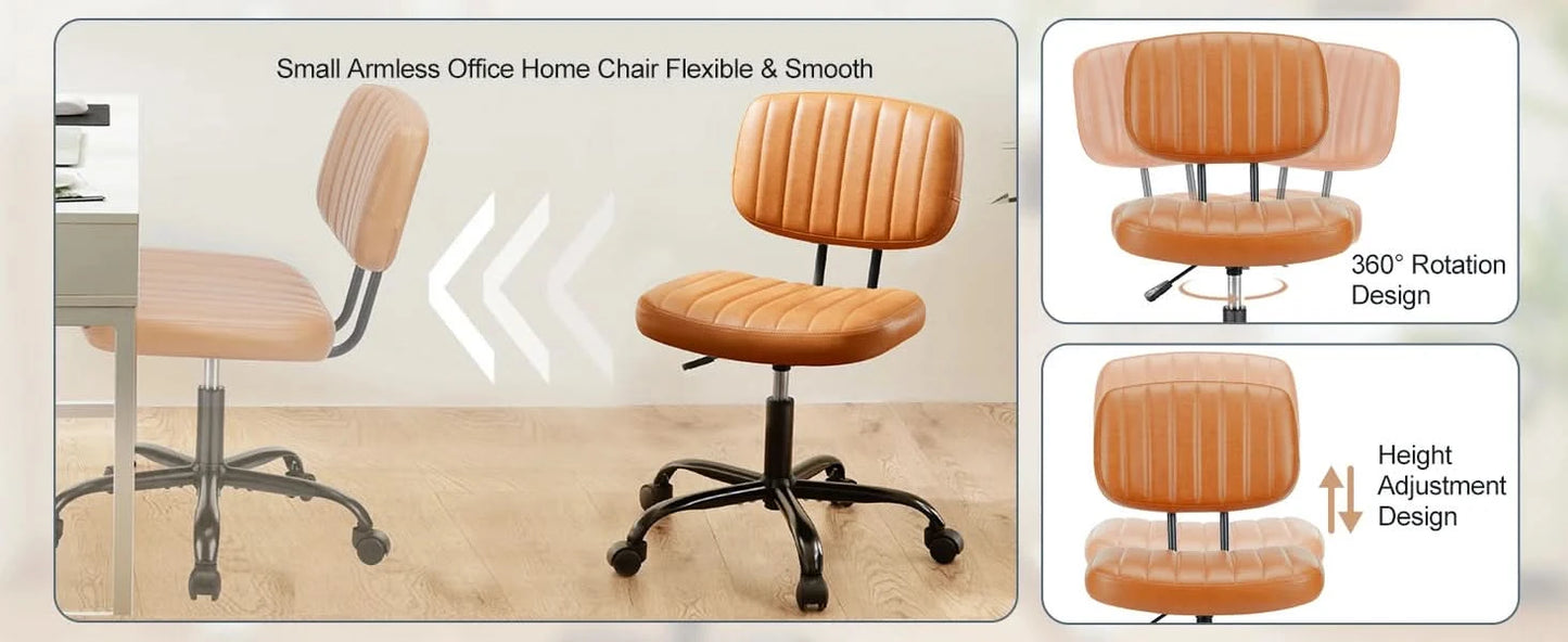 JHK Armless Office Desk Chair Back Lumbar Support Height Adjustable PU Leather Computer Chair with 360° Swivel Rolling Wheels