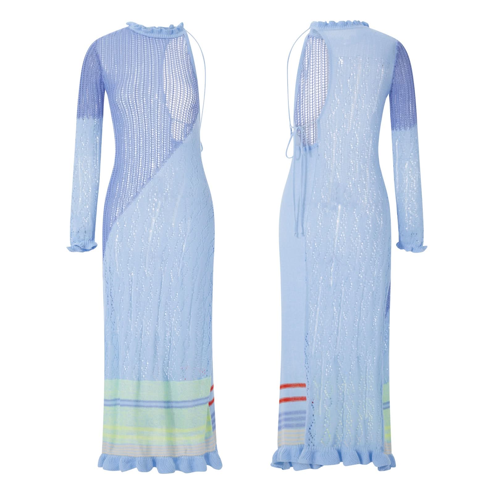 Women Sexy Y2k One Shoulder Long Sleeve Crochet Knit Long Dress Summer Beach See Through Party Grunge Club Cover Up Outfits - M & M Global