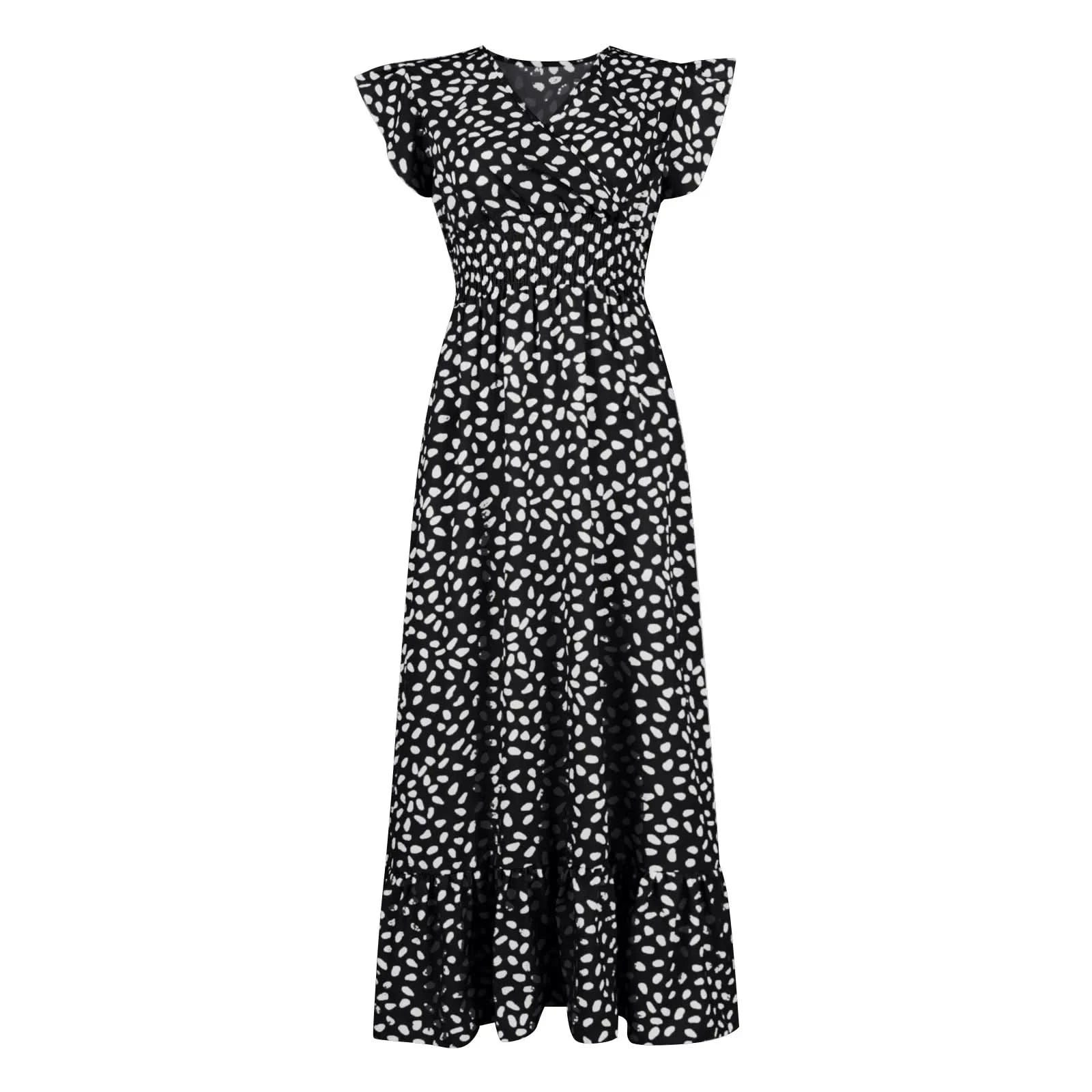 Polka Dot Dress For Women Sexy V-Neck Long Dress Casual And Fashionable Ruffle Edge Short Sleeved High Waisted Dress - M & M Global