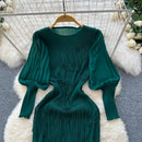 Vintage O-Neck Elegant Long Lantern Sleeve Chic Tassel Slim Long Dress French Fashion Evening High Street Autumn Winter Clothing - M & M Global