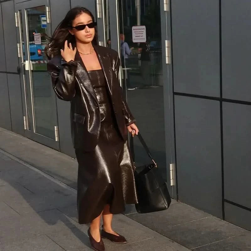 PU Leather Strapless Dresses Coat Women's Two Pieces Set Vintage Tube Sleeveless Slim Long Dress Lapel Jackets Street Outfits - M & M Global