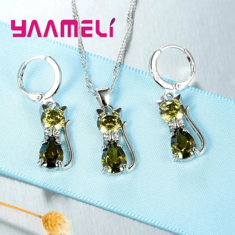 Real 925 Sterling Silver Color Jewelry Sets for Woman Girls Shining Austrian Crystal Cute Cat Pendant Necklace Huggie Earring - M & M Global