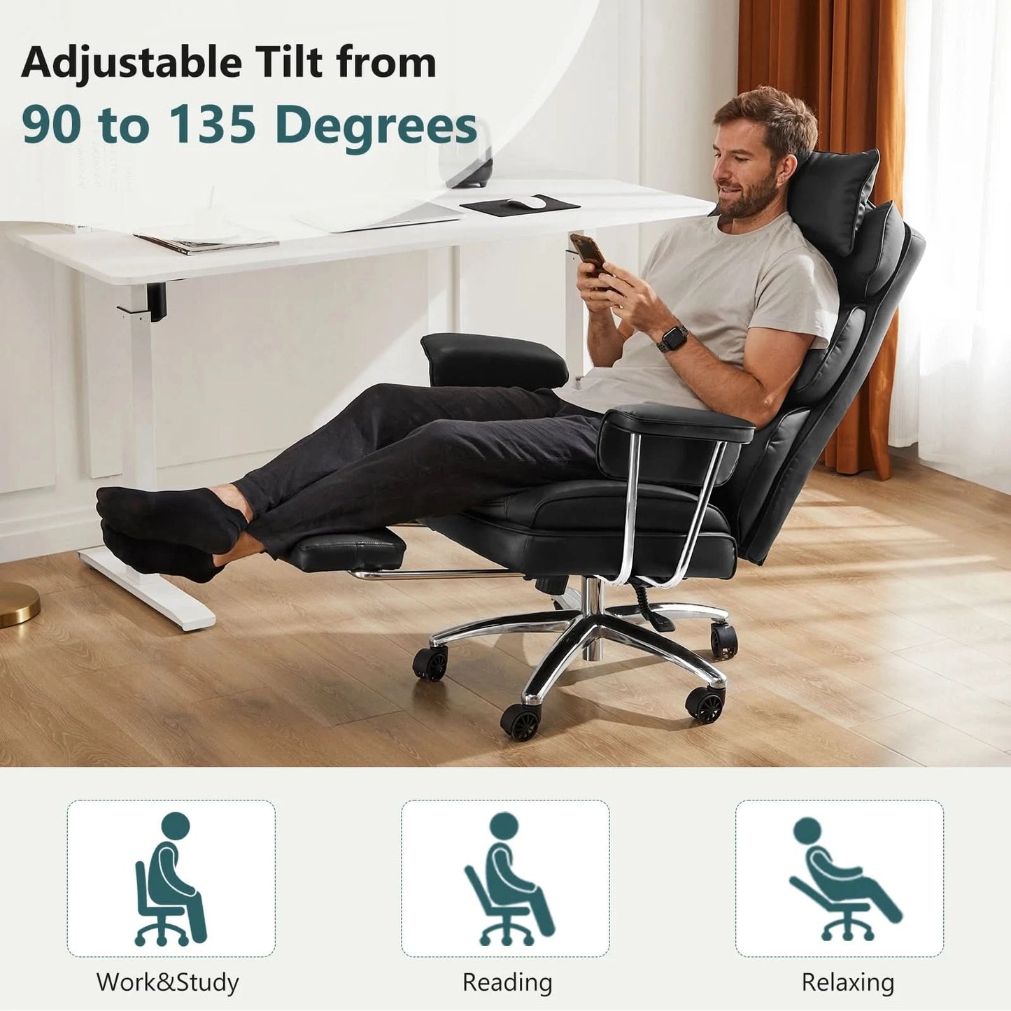 JHK PU Leather Ergonomic Office Computer Desk Chair High Back with Footrest Lumbar Support Height Adjustable For Home Office