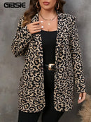 GIBSIE Plus Size Leopard Print Notched Neck Suit Coat Women Autumn New Casual Long Sleeve Fashion Office Lady Button Jacket Top