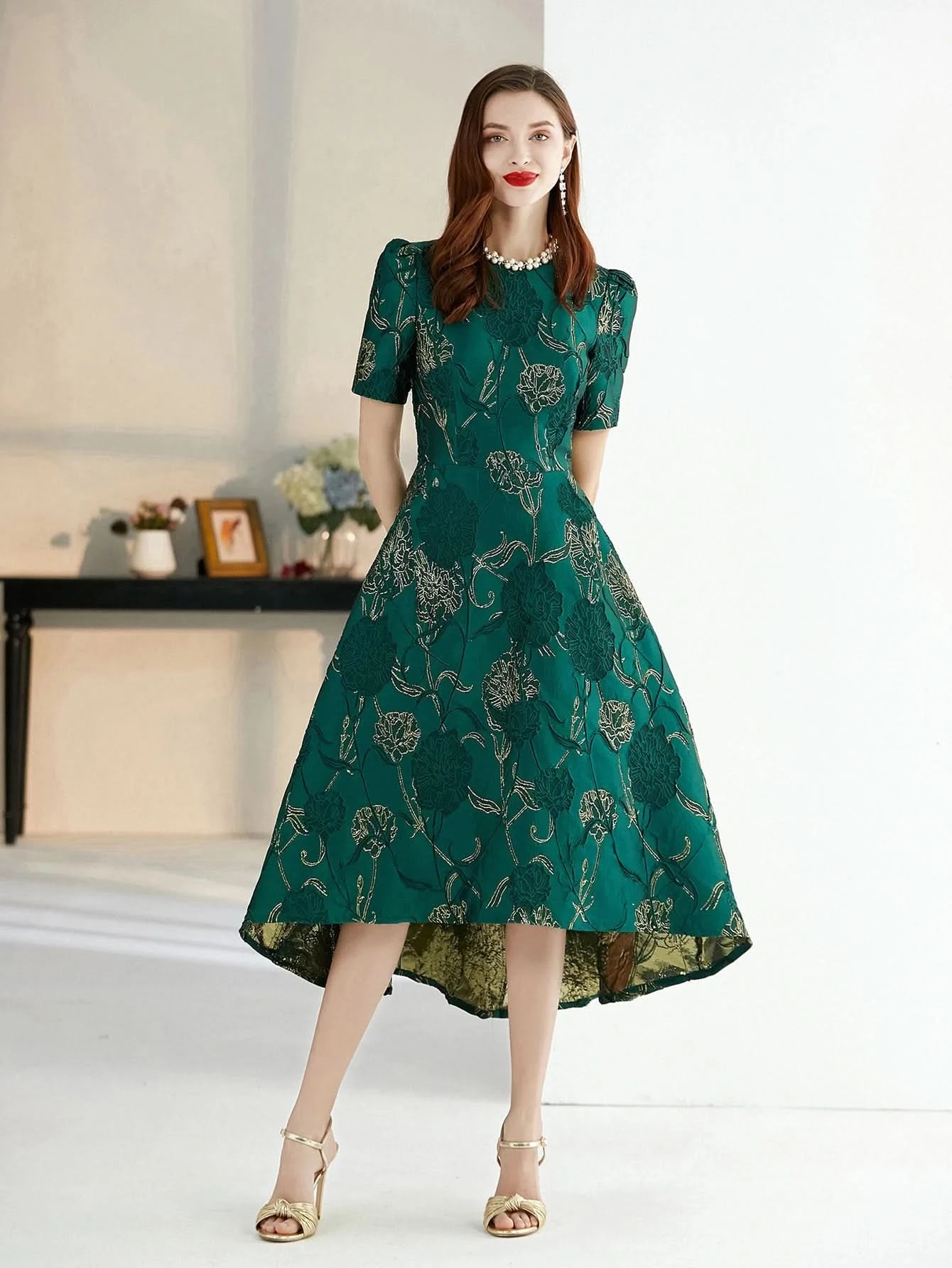 Women Summer Long Dress Elegant Boho Floral Jacquard Flower Dress Irregular Evening Party Dress Lady Ball Gown - M & M Global