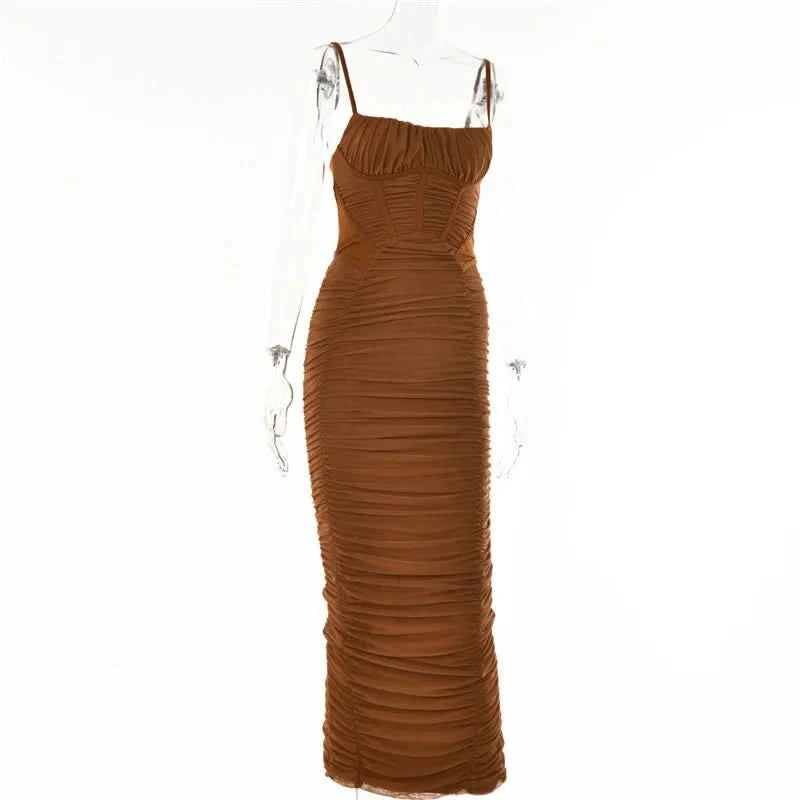 Mozision Elegant Corset Ruched Maxi Dress Women Fashion Spaghetti Strap Sleeveless Backless Zipper Long Dress Vestido - M & M Global