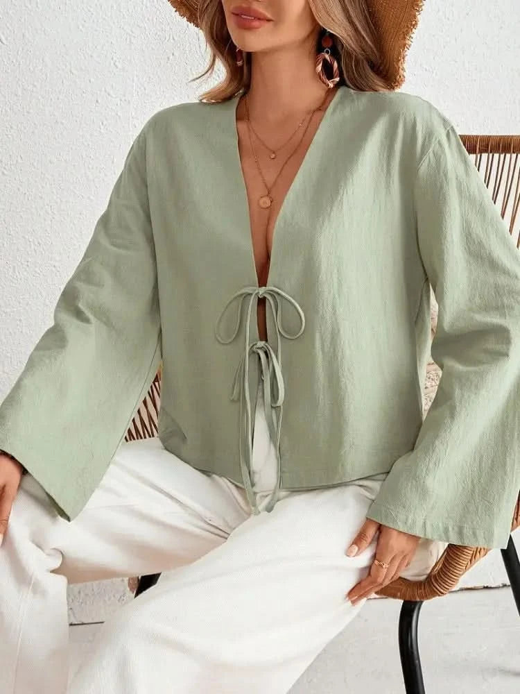 Sexy Lace Up Hollow Out Shirt Women Loose Solid V-neck Lantern Sleeve Tops Female 2024 Summer Casual Fashion Lady Short Blouses - M & M Global