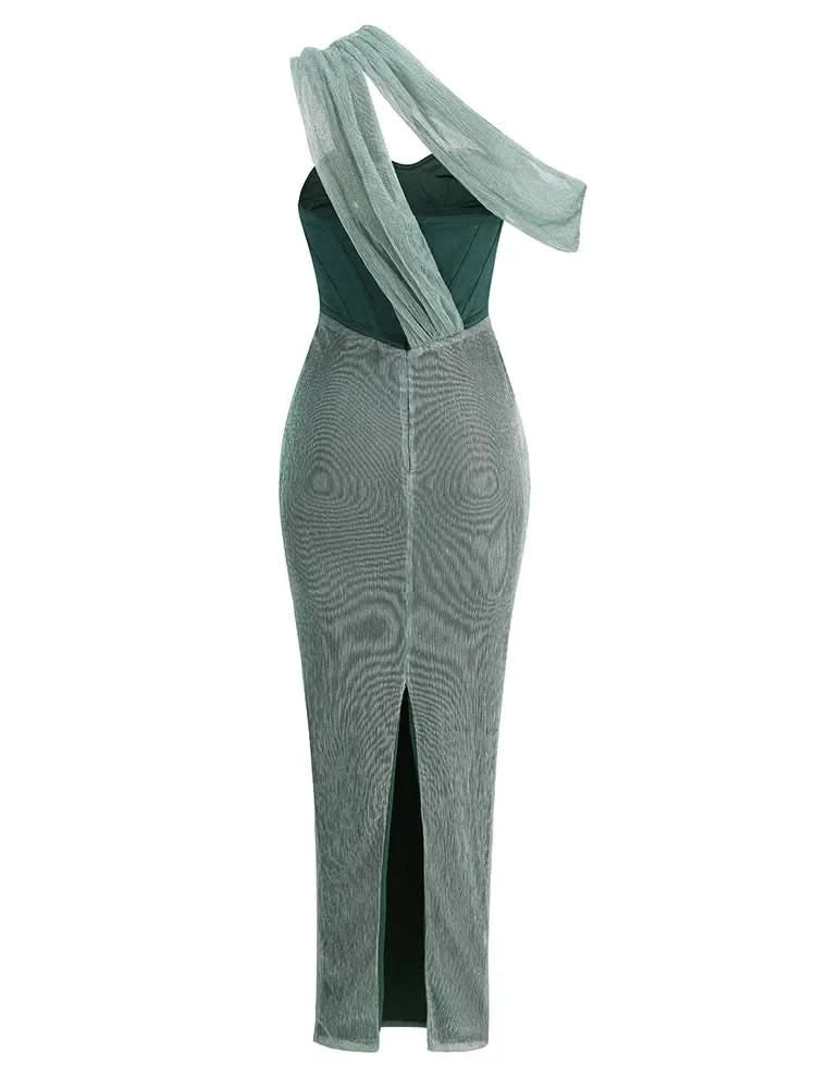 Sexy One Shoulder Draped Glitter Long Dress Women Brown Corset Sparkly Backless Bodycon Maxi Dresses Evening Party Gowns - M & M Global
