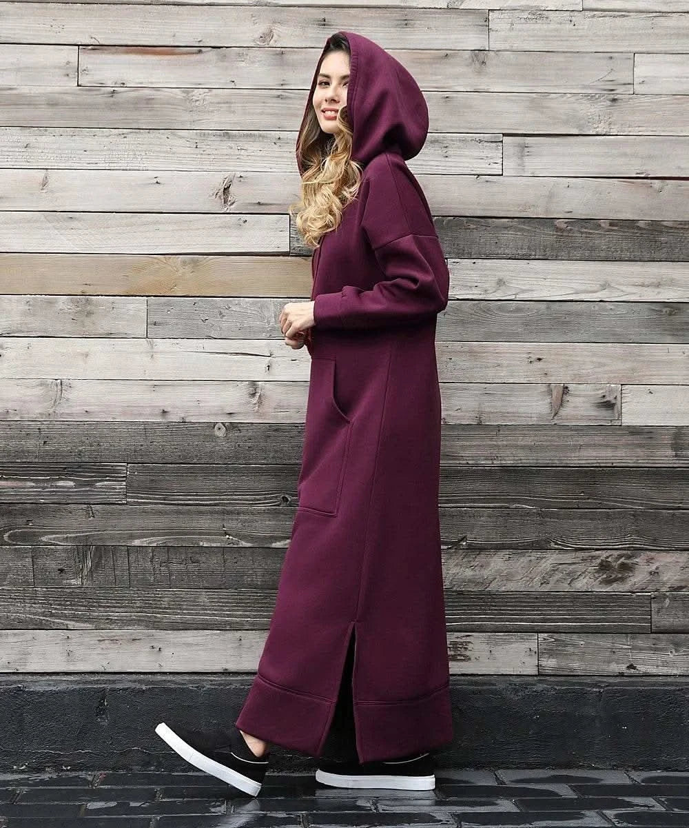 Autumn and Winter New Loose Size Knitted Hooded Long Dress Plush Casual Fashion Dress Large Pocket Skirt Women's Wear - M & M Global