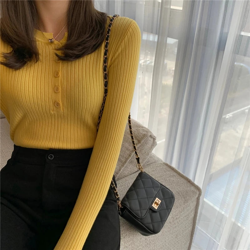 2025 Knitted Women Sweater Button O-neck Pullovers Spring Autumn Basic Sweaters for Female Pullover Slim Solid Bold Stripes Tops