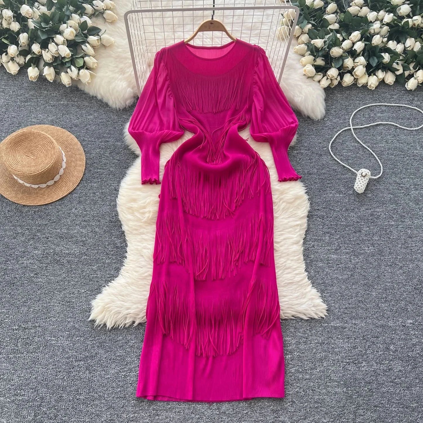 Vintage O-Neck Elegant Long Lantern Sleeve Chic Tassel Slim Long Dress French Fashion Evening High Street Autumn Winter Clothing - M & M Global
