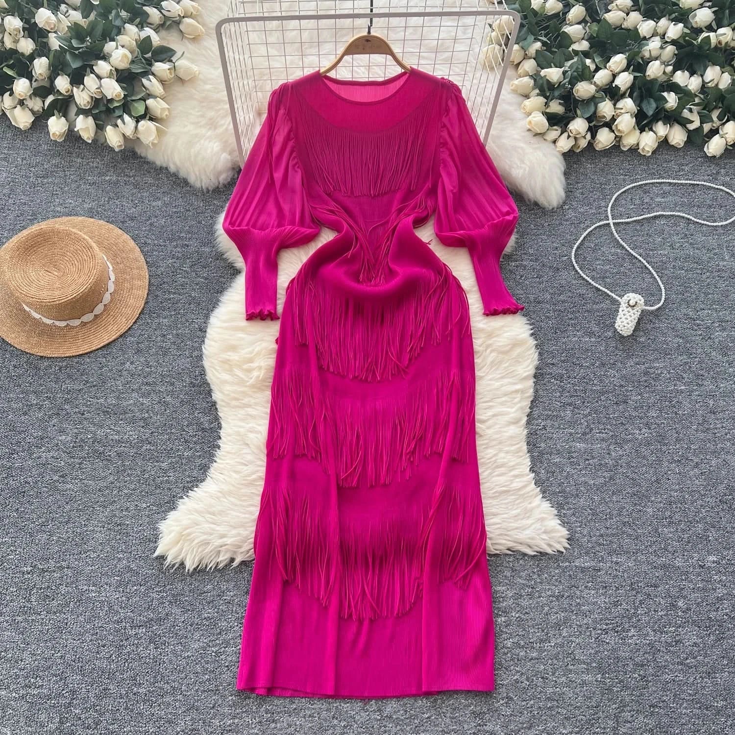 Vintage O-Neck Elegant Long Lantern Sleeve Chic Tassel Slim Long Dress French Fashion Evening High Street Autumn Winter Clothing - M & M Global