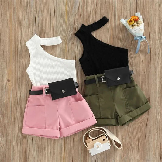 1-5 Years Infant Girl Casual Set Tanks Tops + Shorts + Waist Bag Pockets Decoration Casual Style Girls Summer Clothing Set - M & M Global