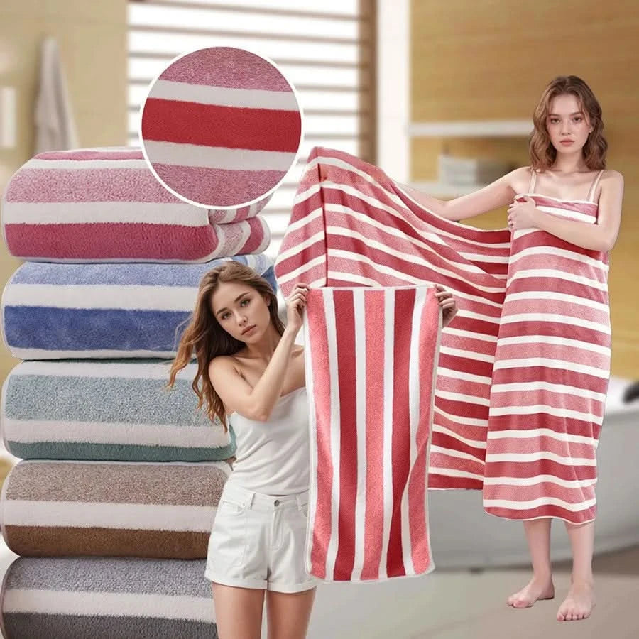 Soft Striped Bath Towel Set - Quick-Drying Absorbent Microfiber Face & Hand Towels for Bathroom, Home Spa - 70x140cm & 35x75cm - M & M Global