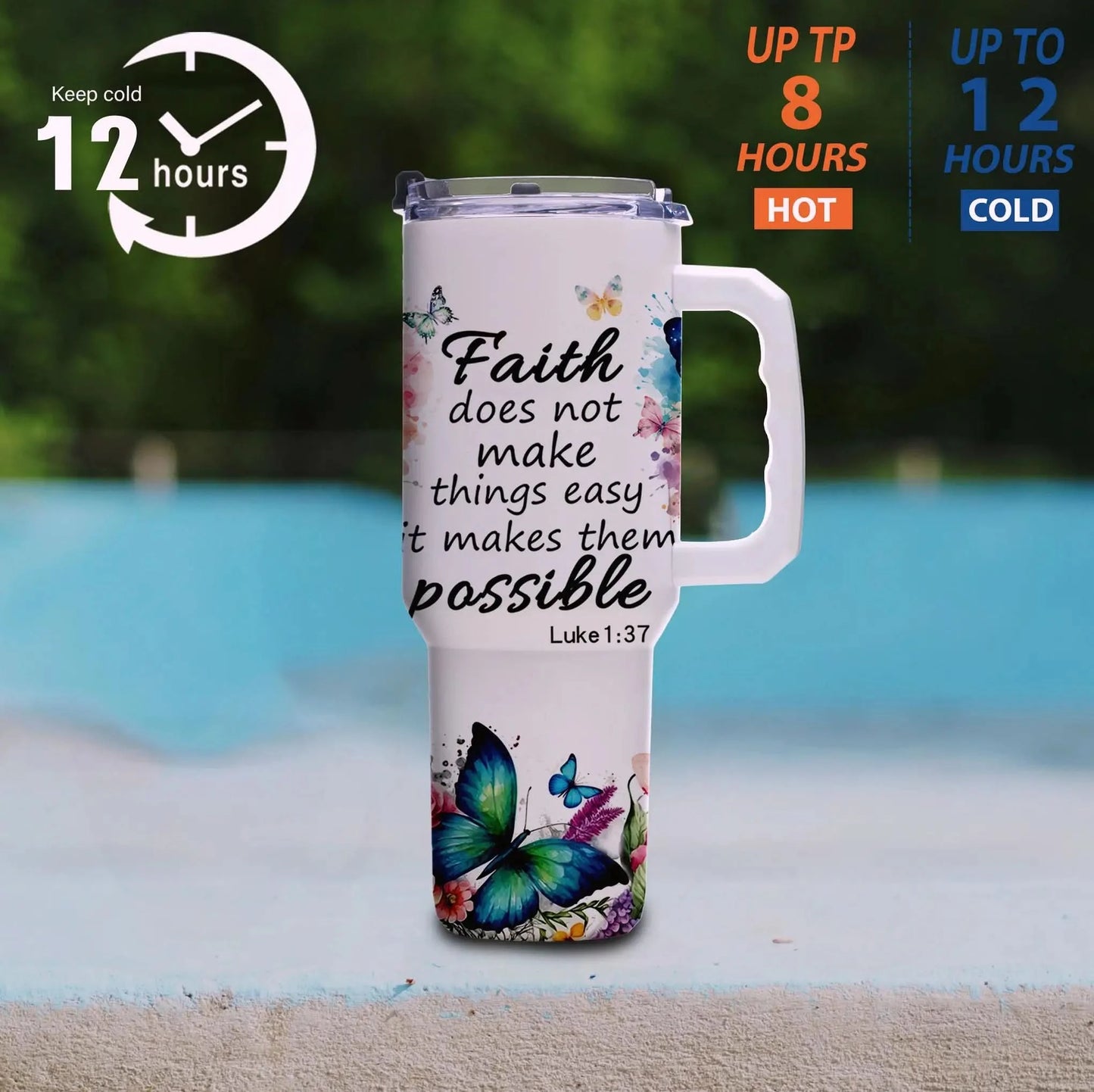 40oz Faith Quote Tumbler with Butterfly Art, Vacuum Insulated Stainless Steel with Handle and Wide Mouth, Gift for Christian Wom