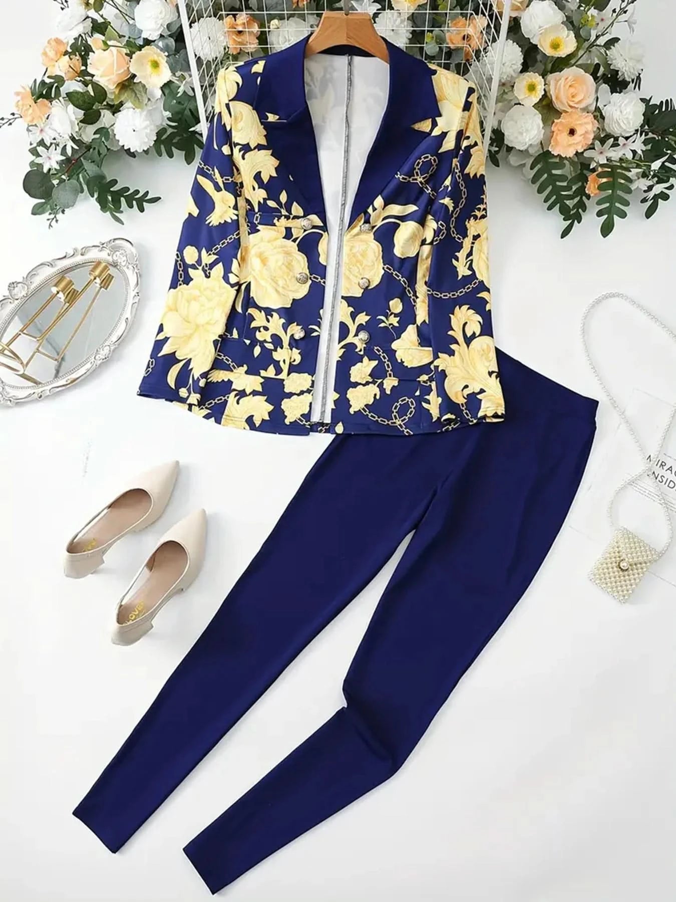 Women's Business and Leisure Two-Piece Suit Set, Solid Color Long Sleeved Double Breasted Suit Jacket and Floral Printed High Wa