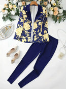 Women's Business and Leisure Two-Piece Suit Set, Solid Color Long Sleeved Double Breasted Suit Jacket and Floral Printed High Wa