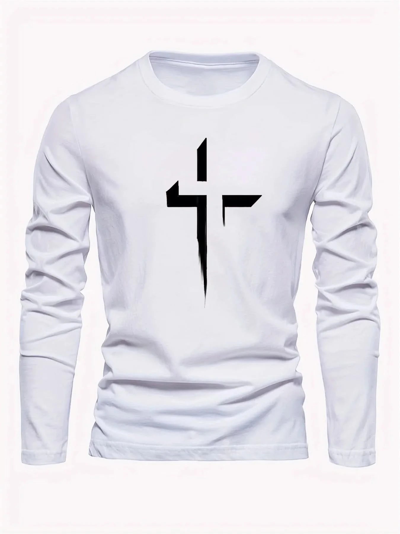 Men's 100% pure cotton loose fit plus size comfortable casual sports cross print round neck long sleeved T-shirt top - M & M Global