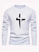 Men's 100% pure cotton loose fit plus size comfortable casual sports cross print round neck long sleeved T-shirt top - M & M Global